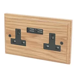 Varilight 13AX 2-Gang Unswitched Socket + 2.1A 2-Outlet Type A USB Charger Classic Oak with Black Inserts