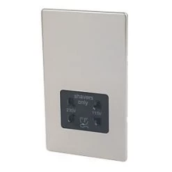 Varilight 2-Gang Dual Voltage Shaver Socket 115 / 230V Satin Chrome with Black Inserts