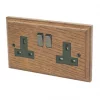 Varilight 13AX 2-Gang DP Switched Plug Socket Medium Oak with Black Inserts -Switches & Sockets Sales Store 1928H P