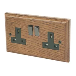 Varilight 13AX 2-Gang DP Switched Plug Socket Medium Oak with Black Inserts