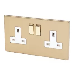 Varilight 13AX 2-Gang DP Switched Plug Socket Brushed Brass with White Inserts