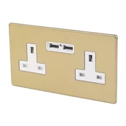 Varilight 13AX 2-Gang Unswitched Socket + 2.1A 2-Outlet Type A USB Charger Brushed Brass with White Inserts