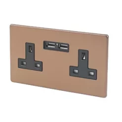 Varilight 13AX 2-Gang Unswitched Socket + 2.1A 2-Outlet Type A USB Charger Brushed Bronze with Black Inserts