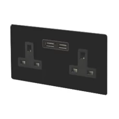 Varilight 13AX 2-Gang Unswitched Socket + 2.1A 2-Outlet Type A USB Charger Jet Black with Black Inserts