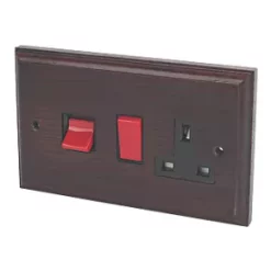 Varilight 45AX 2-Gang DP Cooker Switch & 13A DP Switched Socket Dark Oak with Black Inserts