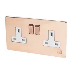 Varilight 13AX 2-Gang DP Switched Plug Socket Anti-Microbial Copper with White Inserts