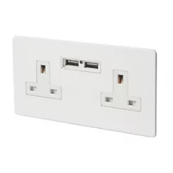 Varilight 13AX 2-Gang Unswitched Socket + 2.1A 2-Outlet Type A USB Charger Ice White with White Inserts