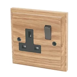 Varilight 13AX 1-Gang DP Switched Plug Socket Classic Oak with Black Inserts